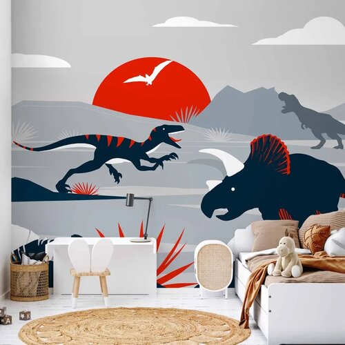  Foto tapeta - Last dinosaurs with red - abstract landscape for a room 150x105 Vodootporna Cijene