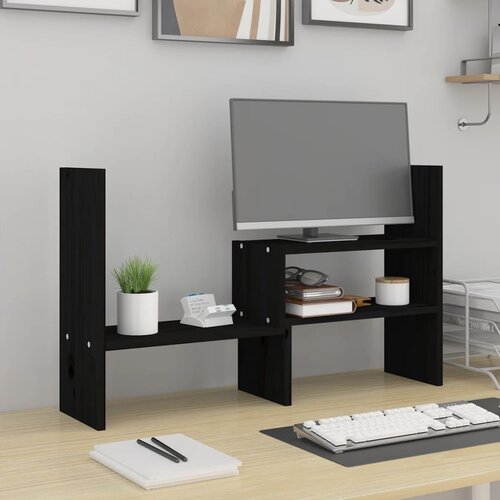 VidaXL Stalak za monitor crni (39 - 72) x 17 x 43 cm masivna borovina Slike