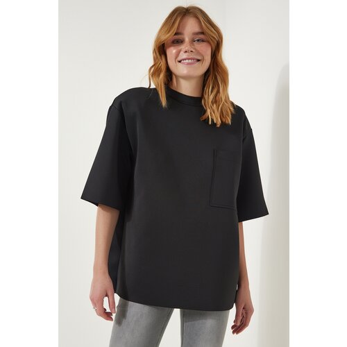 Happiness İstanbul Women's Black Back Zipper Detail Knitted Scuba T-Shirt Slike