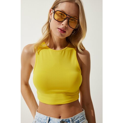 Happiness İstanbul Women's Yellow Barter Neck Crop Knitted Blouse Cene