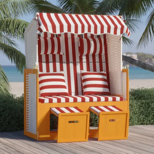 vidaXL Stol za na plažo z blazinami poli ratan in trden les rdeč/bel