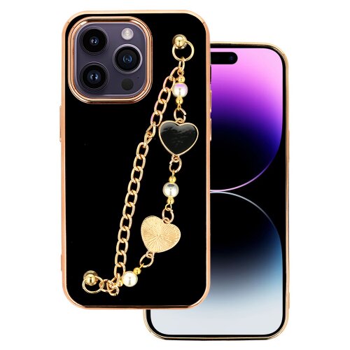 Onasi Trendy silikonski ovitek z zapestnico za iPhone 14 Pro Max - črn s srčki Slike