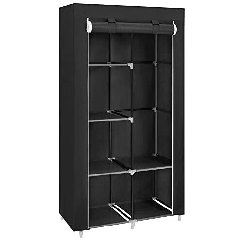 Songmics Omara iz blaga, organizator za shranjevanje oblačil z 2 obe&amp;scaron;alnikoma, 6 policami, prilagodljiv dizajn, 88 x 45 x 168 cm, za spalnico, oddelek, črna RYG84H, (21326144) Slike