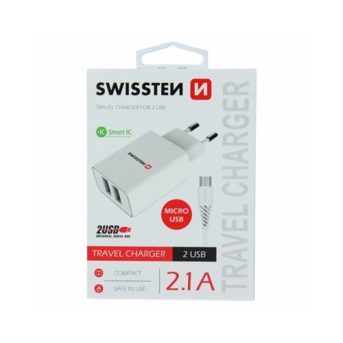 Swissten charger 2x usb 2,1A+MICRO usb 1,2 m white Slike