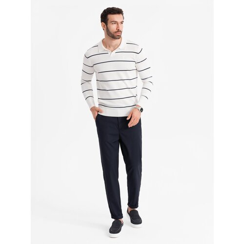 Ombre Men's horizontal striped polo longsleeve with viscose - white and navy blue Cene