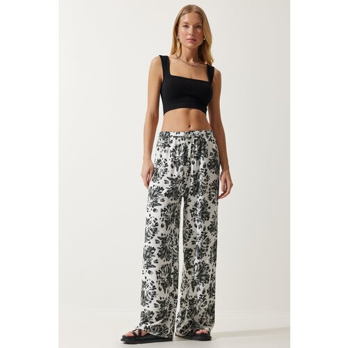  Women Ecru Black High Waist Summer Wide Viscose Trousers Cene