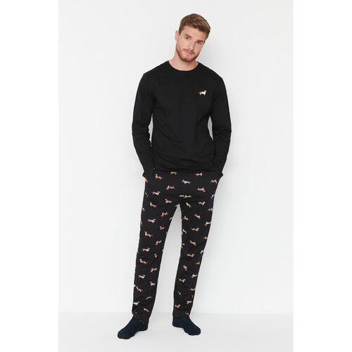Trendyol Black Men&amp;#039;s Regular Fit Animal Patterned Knitted Pajamas Set Slike