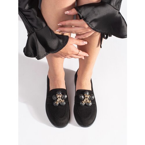 Shelvt Black suede women's loafers with teddy bear Cene