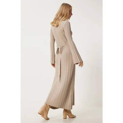 Happiness İstanbul Women's Beige Belted Ribbed Long Knit Dress