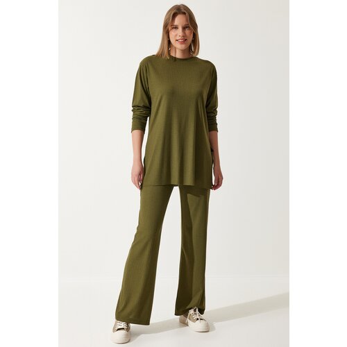  Women&amp;#039;s Khaki Ribbed Knitted Blouse Pants Suit Slike