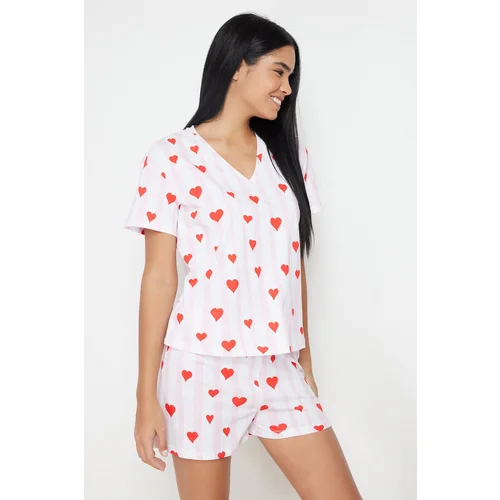 Trendyol Powder-Multicolor Stripe and Heart Knitted Pajama Set