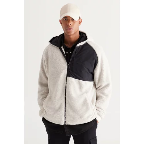 AC&Co / Altınyıldız Classics Men's Beige Oversize Wide-Fit Hooded Sherpa Fleece Sweatshirt Jacket