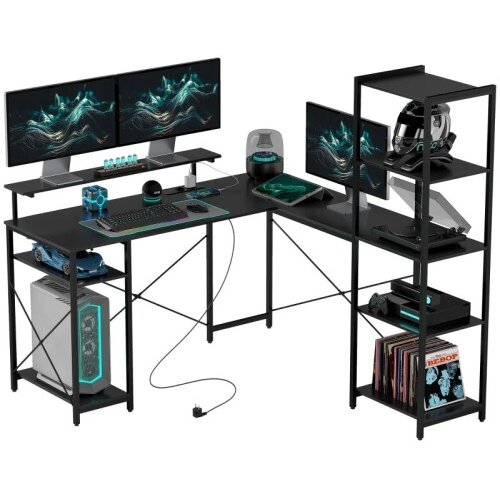 Nesta L-mizna računalni&scaron;ka miza, 6 polic, stojalo za monitor, USB, vtičnica, črna, 137 x 140 x 139,5 cm, (5000494047) Cene