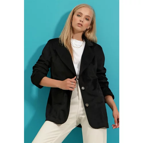 Trend Alaçatı Stili Women's Black Velvet Woven Blazer Jacket