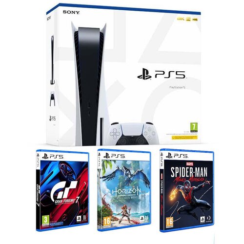 Sony konzola playstation 5 PS5 + 3 igre (gran turismo 7 + horizon fw + spider-man - miles morales) Cene