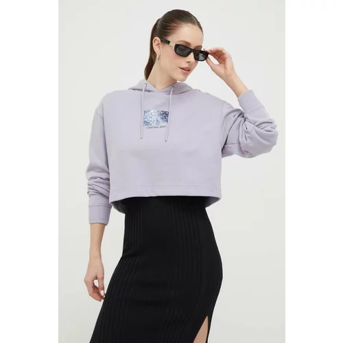 Calvin Klein Jeans Bombažen pulover ženska, vijolična barva, s kapuco