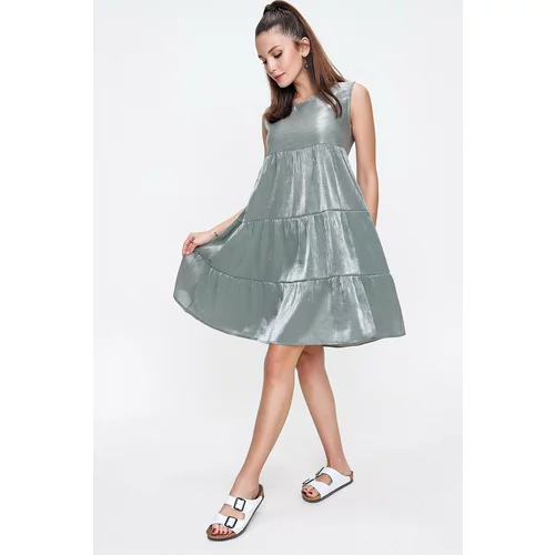 By Saygı Women's Mint Green With Ruffle Stones Satin Sleeveless Dress
