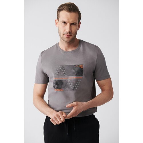 Avva Men's Anthracite 100% Cotton Crew Neck Front Printed Standard Fit Regular Cut T-shirt Cene