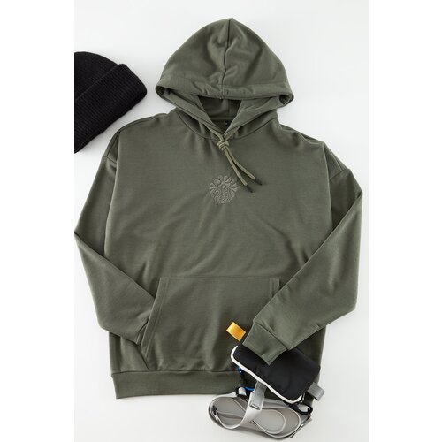 Trendyol Men&amp;#039;s Khaki Oversize Hooded Floral Embroidery Sweatshirt Slike