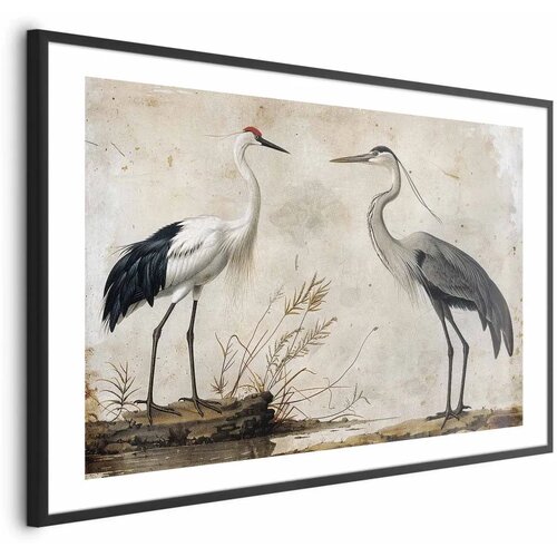  Plakat - Birds from an Old Engraving - vintage-style illustration of a heron and a crane 60x40 Crni okvir s margom Cene