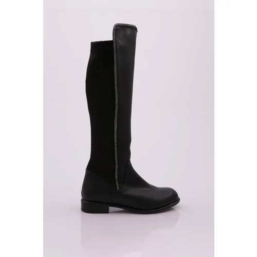 DGN 508-22k Women's Back Stretch Stripe With Side Stones Knee High Flats Boots.