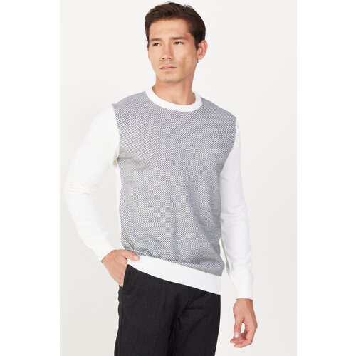ALTINYILDIZ CLASSICS Men's Ecru-Grey Standard Fit Normal Cut Crew Neck Jacquard Knitwear Sweater Cene