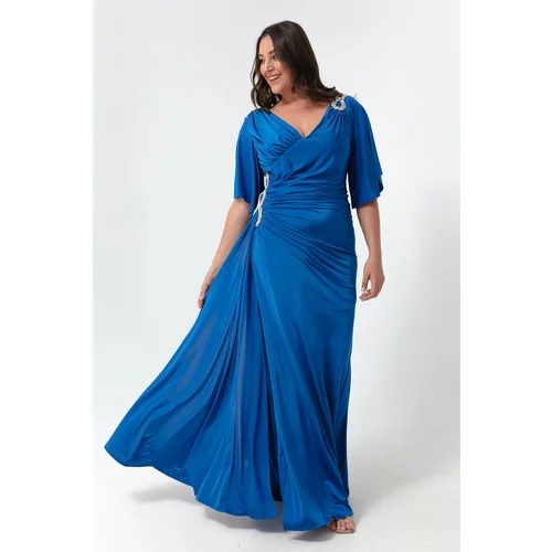 Lafaba Women's Blue Short Sleeve Slit Long Plus Size Evening Dress