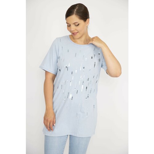 Şans Women's Plus Size Baby Blue Sequin And Stone Embroidered Crew Neck Blouse Slike