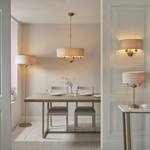  Endon 110721 - Stona lampa HIGHCLERE 3xE14/18W/230V bež/mesing Slike