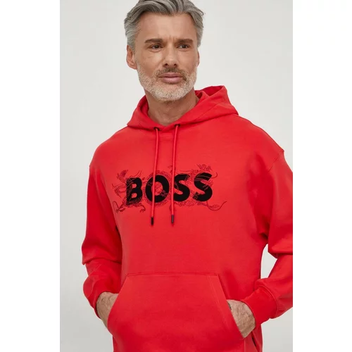Boss Bombažen pulover moška, rdeča barva, s kapuco