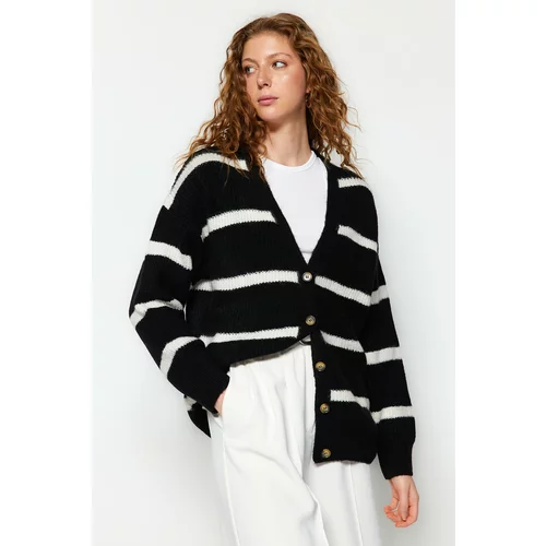 Trendyol Black Wide Fit Soft Textured Striped Knitwear Cardigan
