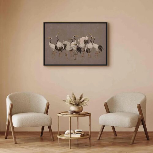  Slika - Crane dance &amp;ndash; bright silhouettes of birds against a warm grey background with texture 120x80 U crnom drvenom okviru Slike