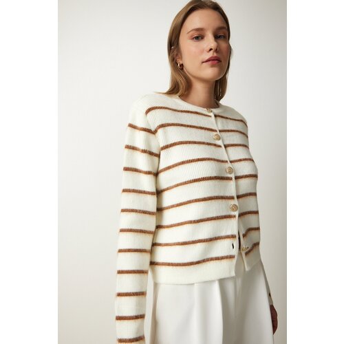  Women&amp;#039;s Bone Brown Stylish Buttoned Striped Knitwear Cardigan Slike