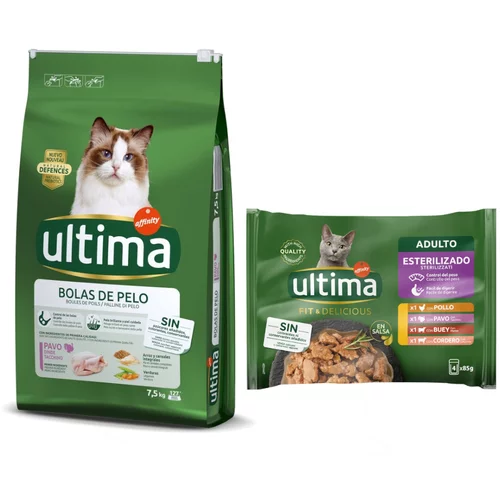 Affinity Ultima Snižena cijena! 7,5 kg Ultima Cat + 48 x 85 g Sterilised - Cat Hairball Control puretina i riža 7,5 kg + Izbor mesa 48 x 85 g