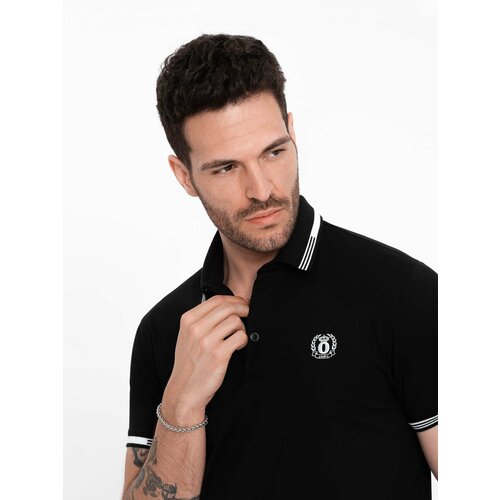 Ombre Men's elastane polo shirt with contrasting elements - black Cene
