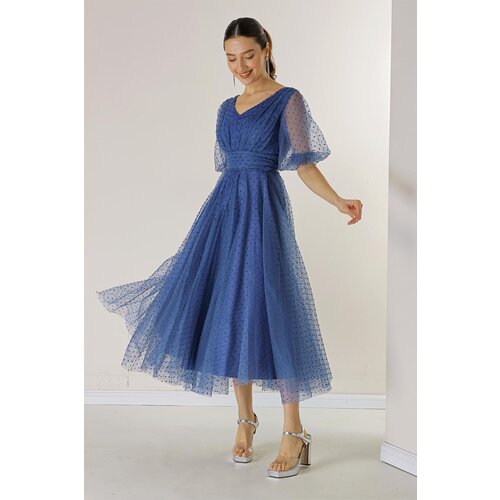 By Saygı Front Back V Neck Short Balloon Sleeve Lined Bud Pattern Silvery Dahya Fabric Dress Slike
