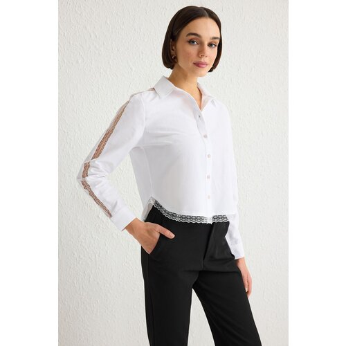 Trendyol White Regular Fit Woven Shirt with Lace Detail on Sleeves and Shoulders Cene