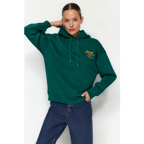 Trendyol Emerald Regular / Regular fit Embroidered Hood, Fleece Inner Knitted Sweatshirt