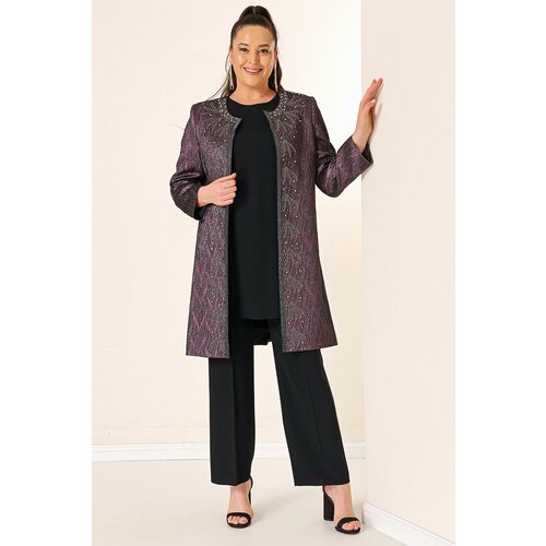 By Saygı Plus Size 3 Set Inner Sleeveless Blouse Bead Detailed Lined Jacquard Long Jacket Trousers Slike