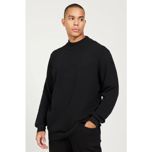 Altinyildiz classics Men's Black Recycle Standard Fit Regular Cut Half Turtleneck Cotton Jacquard Knitwear Sweater.