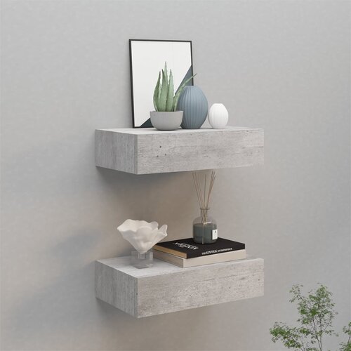 VidaXL Stenska polica s predalom 2 kosa betonsko siva 40x23,5x10cm MDF Slike