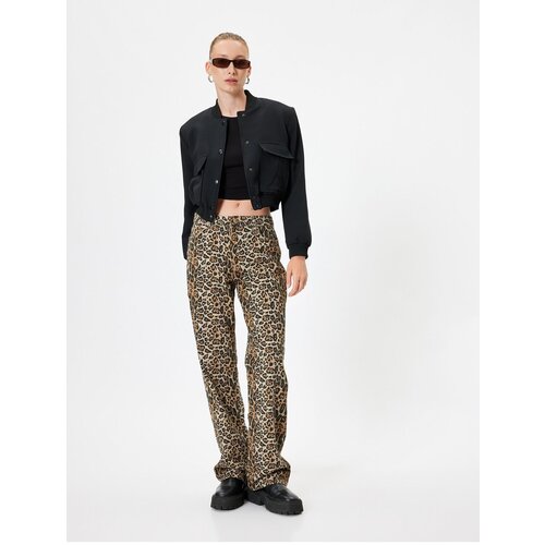 Koton Leopard Trousers Normal Waist Straight Fit Pocket Buttoned Slike