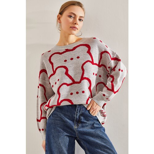 Bianco Lucci Women's Teddy Bear Patterned Knitwear Oversize Sweater Slike