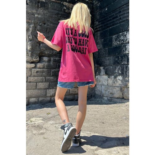 Madmext Pink Back Women's Printed Oversize Round Neck T-Shirt Cene