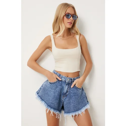 Happiness İstanbul Women's Dark Blue Tassel High Waist Jean Shorts