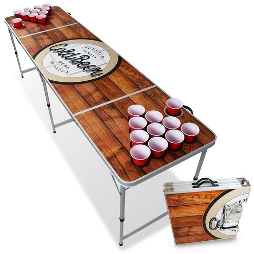 BeerCup Backspin Beer Pong, miza, komplet, lesena, predal za led, 6 žogic, 100 skodelic Slike