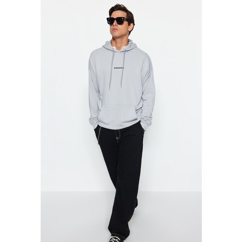 Trendyol Gray Men's Oversized Hoodie, Minimal Text Printed Cotton Sweatshirt. Slike