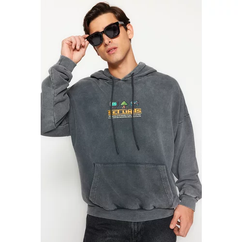 Trendyol Anthracite Men's Oversize/Wide-Fit Anti-aging/Faded-effect Game Printed Cotton Sweatshirt.