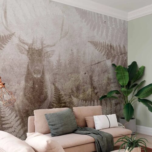  Foto tapeta - Forest motif - deer with antlers among fern leaves on concrete pattern 200x140 Cijene