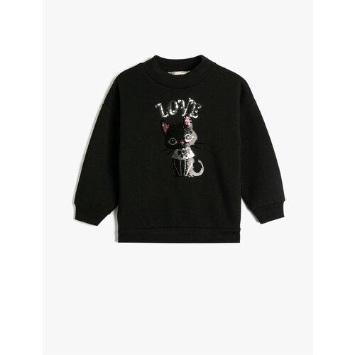 Koton The Cat Embroidered Sequins Sweatshirt with Rayon Crew Neck. Cene